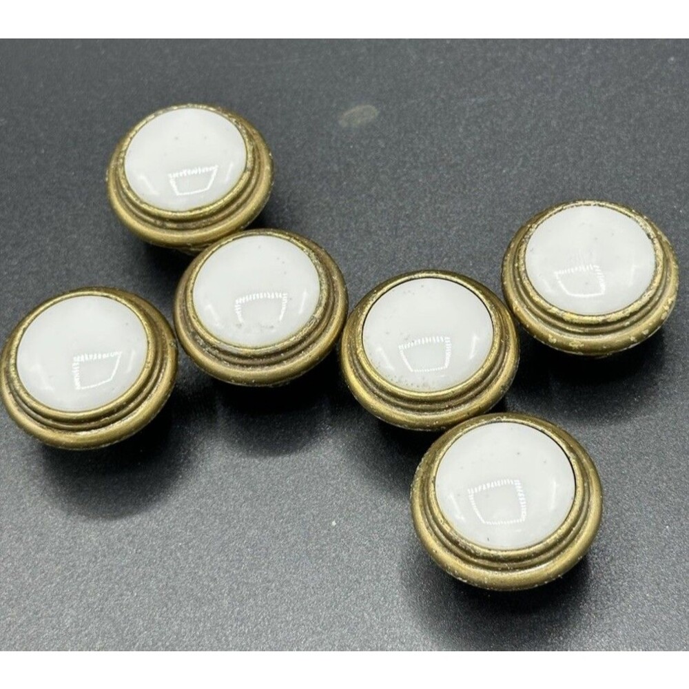 Lot Of 6 White Porcelain & Brass Vintage MCM Cabinet Knobs Drawer Pulls Handles